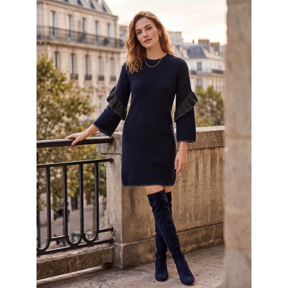 Tory Burch Ashley Merino Wool Rib Knit Ruffle Sleeve Sweater Dress Navy M $448